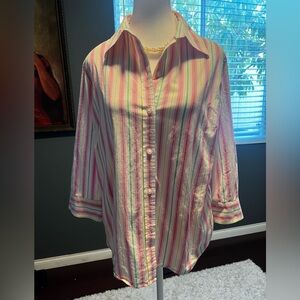 - IZOD Striped Button-Up Shirt with 3/4 sleeves. In EUC Size L. Size L
